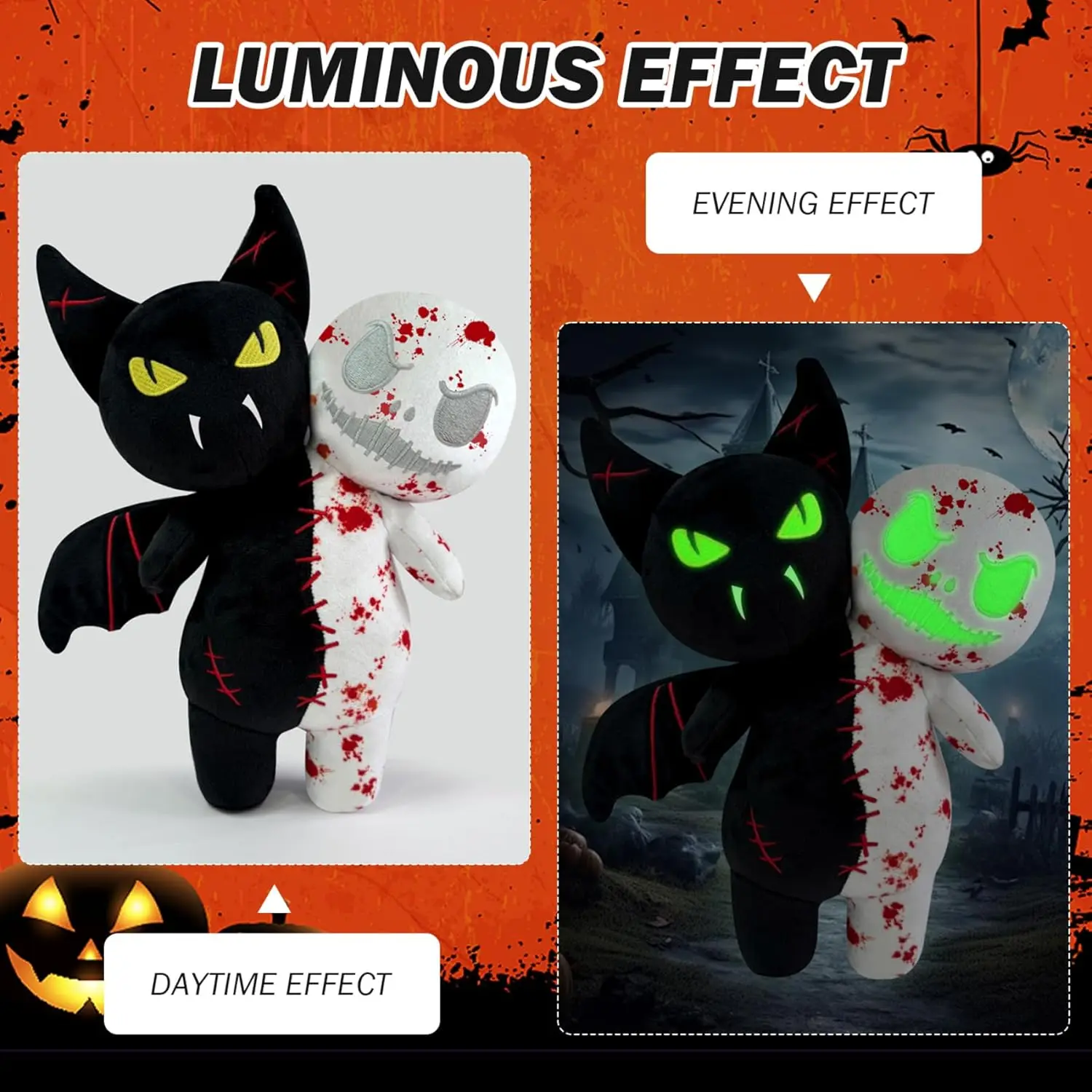 Halloween Stuffed Animal Luminous Skull Pumpkin Dual Head Glow in The Dark Bat Ghost Plush for Kids Adults Party Gifts