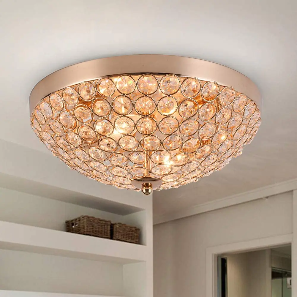 Flush Mount Chrome Finish Modern Crystal Chandelier Ceiling Light Bowl Shape Ceiling Light Fixtures