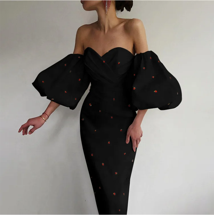 Wholesale Short Puff Sleeve Strapless Backless Strawberry Printed Maxi Dress Pleated Sexy Bodycon Long Women Pencil Dresses