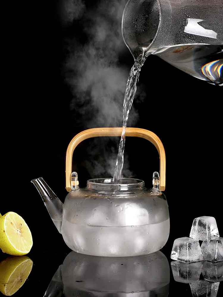 Стеклянный чайник с бамбуковой ручкой, цветущие чайники с листьями