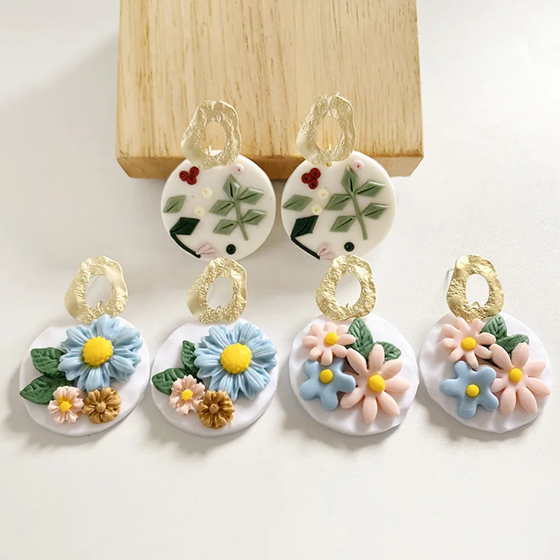 DAIHE Handmade Flower Polymer Clay Earrings Retro Aesthetic Texture Earrings Pendant Sun Flower Small Daisies Earrings