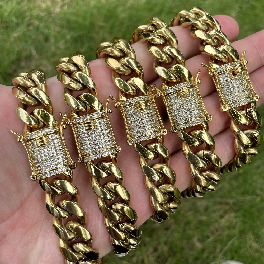 14mm 24inch Thickness Factory Price 14K PVD Gold Cuban Link Chain, Stainless Steel Cuban Link Chain