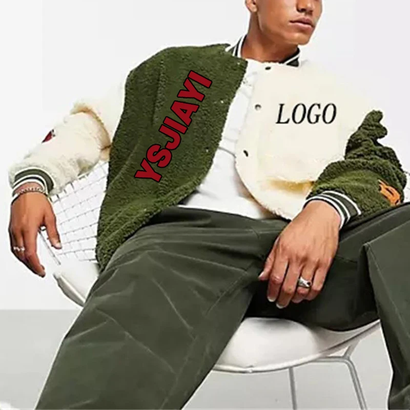 OEM custom winter letter embroidery oversized teddy borg varsities fleece jacket for men