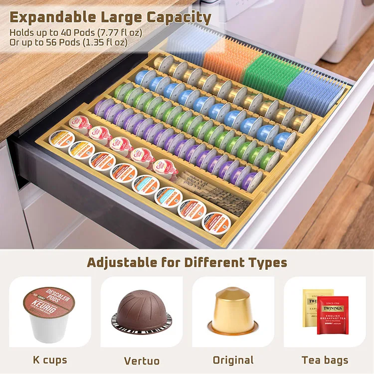 Bamboo Coffee Pod Storage Organizer Expandable K Cup Coffee Pods Holder Compatible with Nespresso Vertuo Capsules