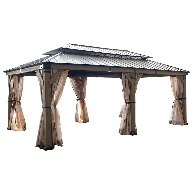 Customized Cedar Wood Galvanized Steel Frame Awning Hardtop Gazebo With Netting For Patio