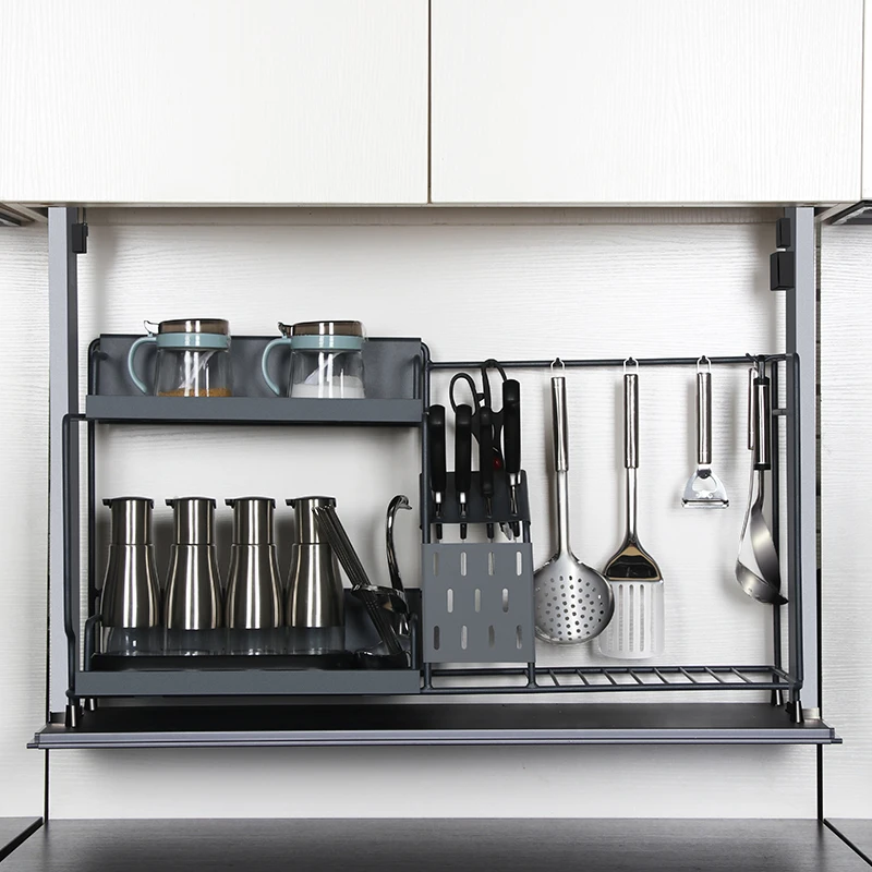 Smart Design Kitchen Bathroom Cabinet organizers auto lift basket rack shelf stack