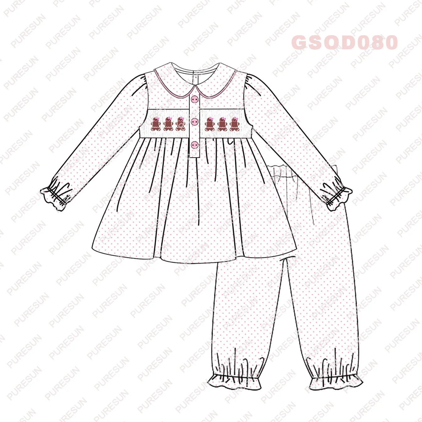 Puresun smocked kids clothing christmas gingerbread smocked children wear fall winter baby girl boutique outfits for custom