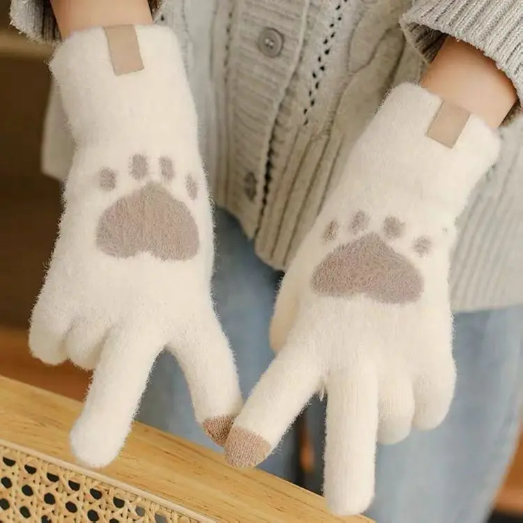 Женские зимние модные вязаные плотные теплые перчатки с принтом кошачьих лап мягкие пушистые для сенсорного