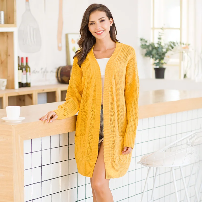 
2021 New Mid-length womens plus size double-pocket twist knitting sweaters cardigan 