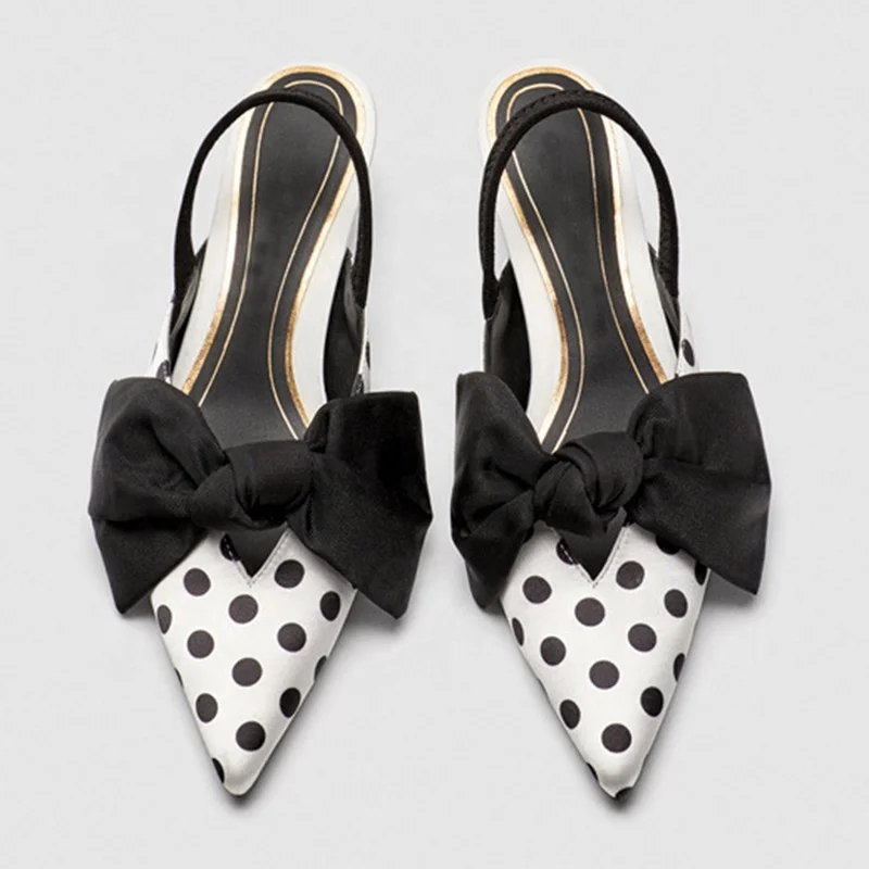 chengdu shoes  Summer Polka Dot Women Sandals Bowtie Kitten Heel Women Mules Pointed Toe Slingback High Heels Sandal Women Pumps