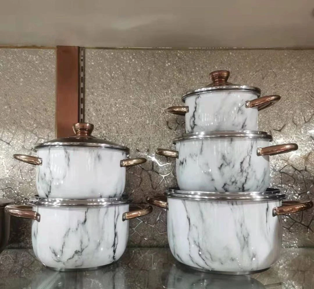 Premium 12-Piece Cooking Set 3 Layers Food Grade Stainless Steel Marble Texture Thick Non Stick Soup Pot With Lid