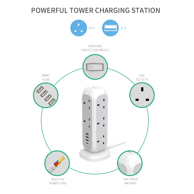 UK electric tower power strip switch extension lead board multi plug socket retractable extension cord with usb port