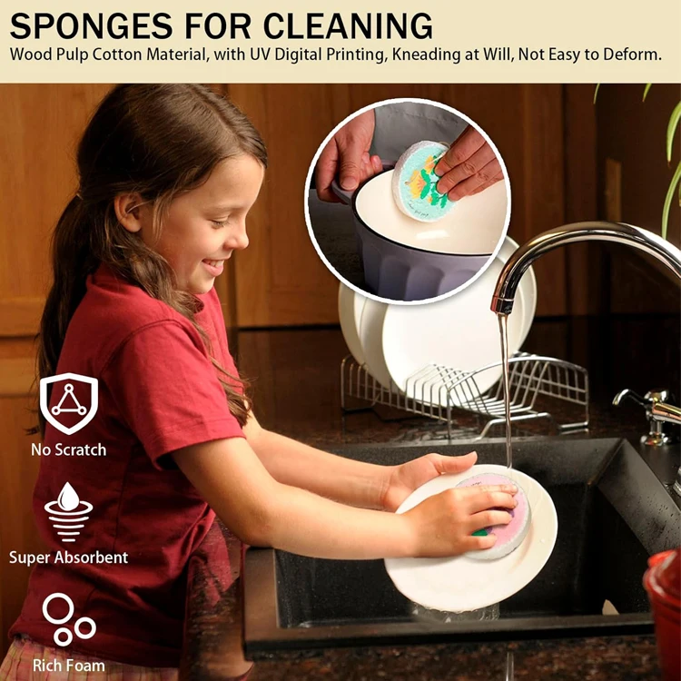 Hot-Selling Custom Eco-Friendly Absorbent Kitchen Cleaning Printing Cellulose Sponge Wood Pulp Cotton Dish washing Sponge