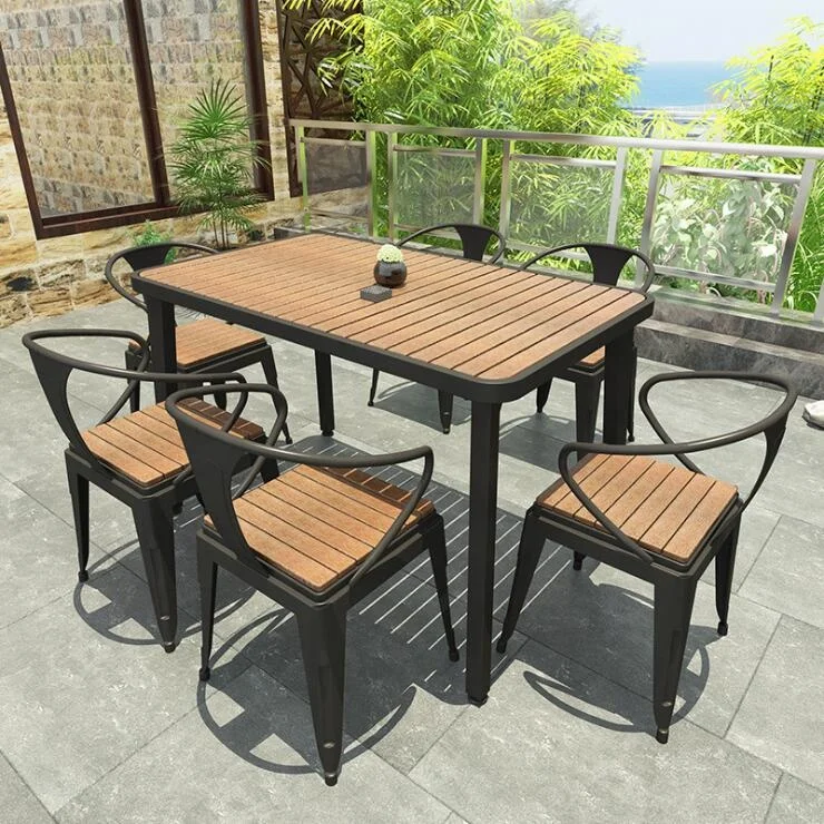 Simple Outdoor Garden Metal Frame PS Plastic Wooden Table and Chair Set