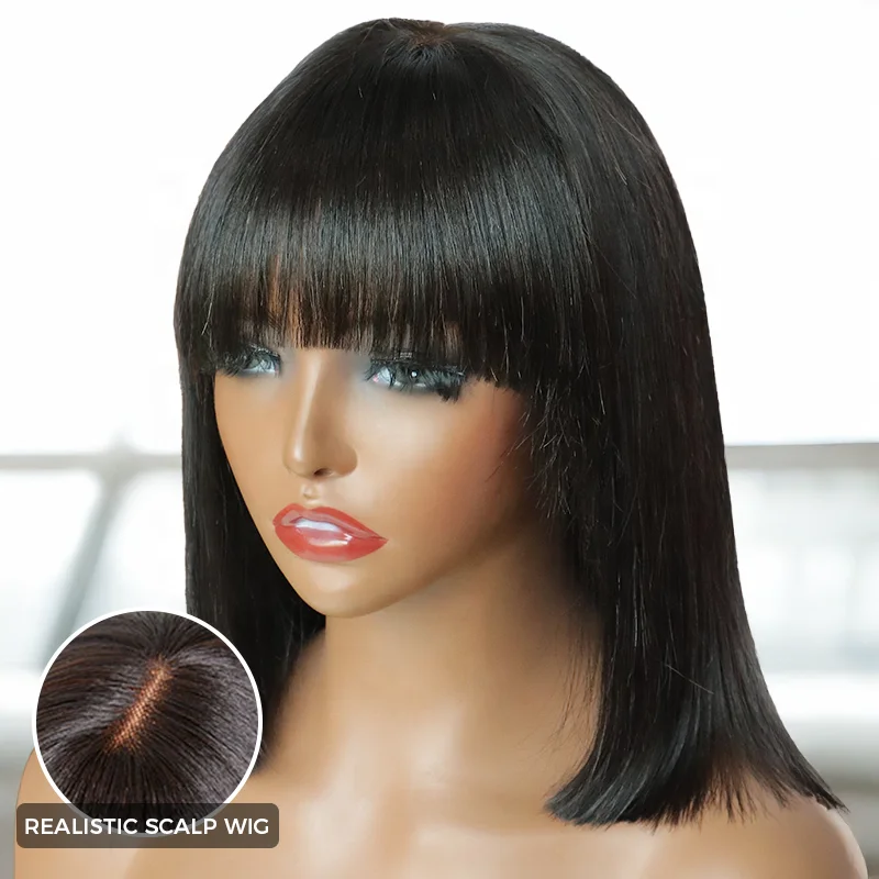 Ready To Ship Glueless Realistic Fringe Wig Silky Straight Smooth Bob Wig With Bangs,10 12inch Middle Part Short Human Hair Wigs