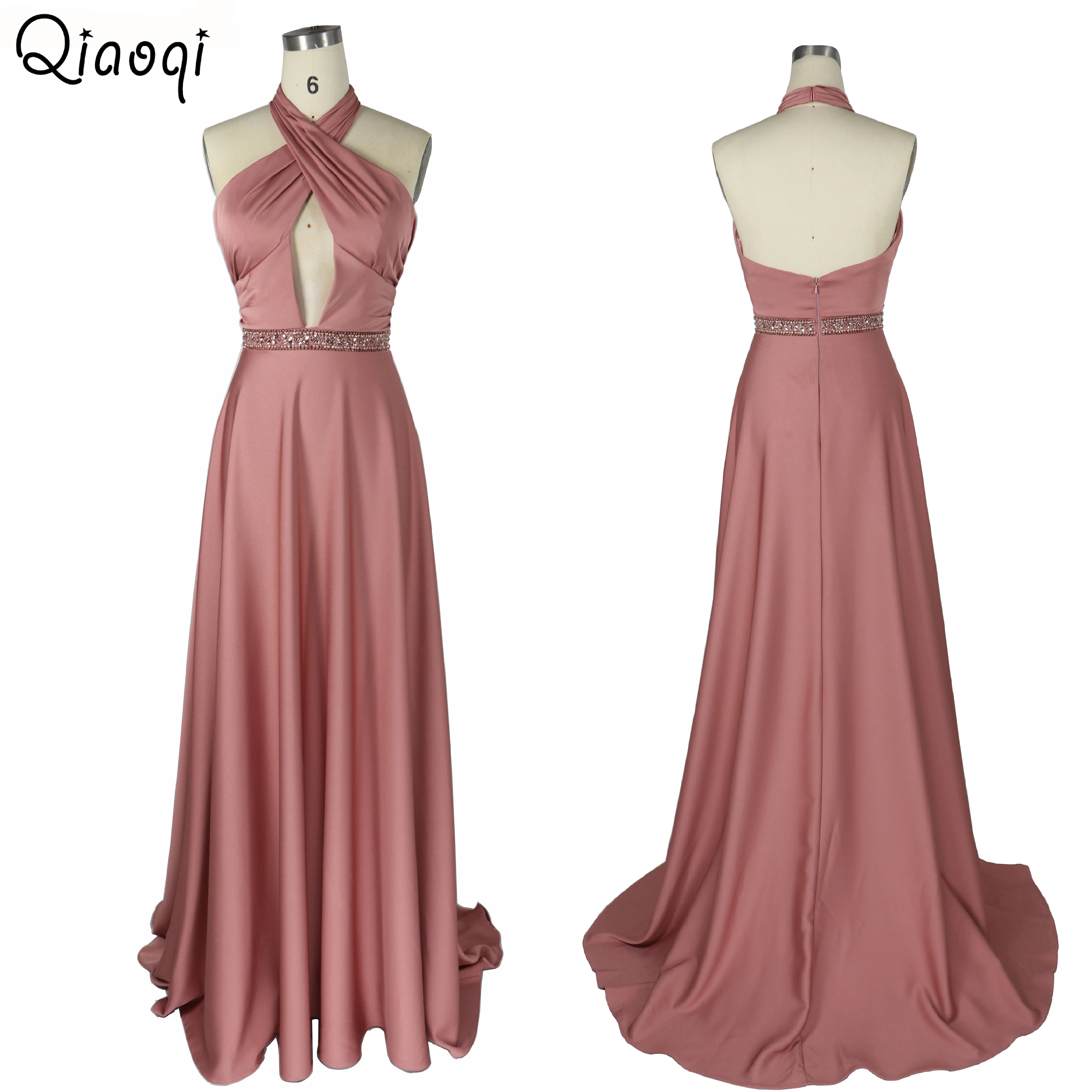 
Модные Качественные атласные длинные вечерние платья с открытой спиной и лямкой на шее 