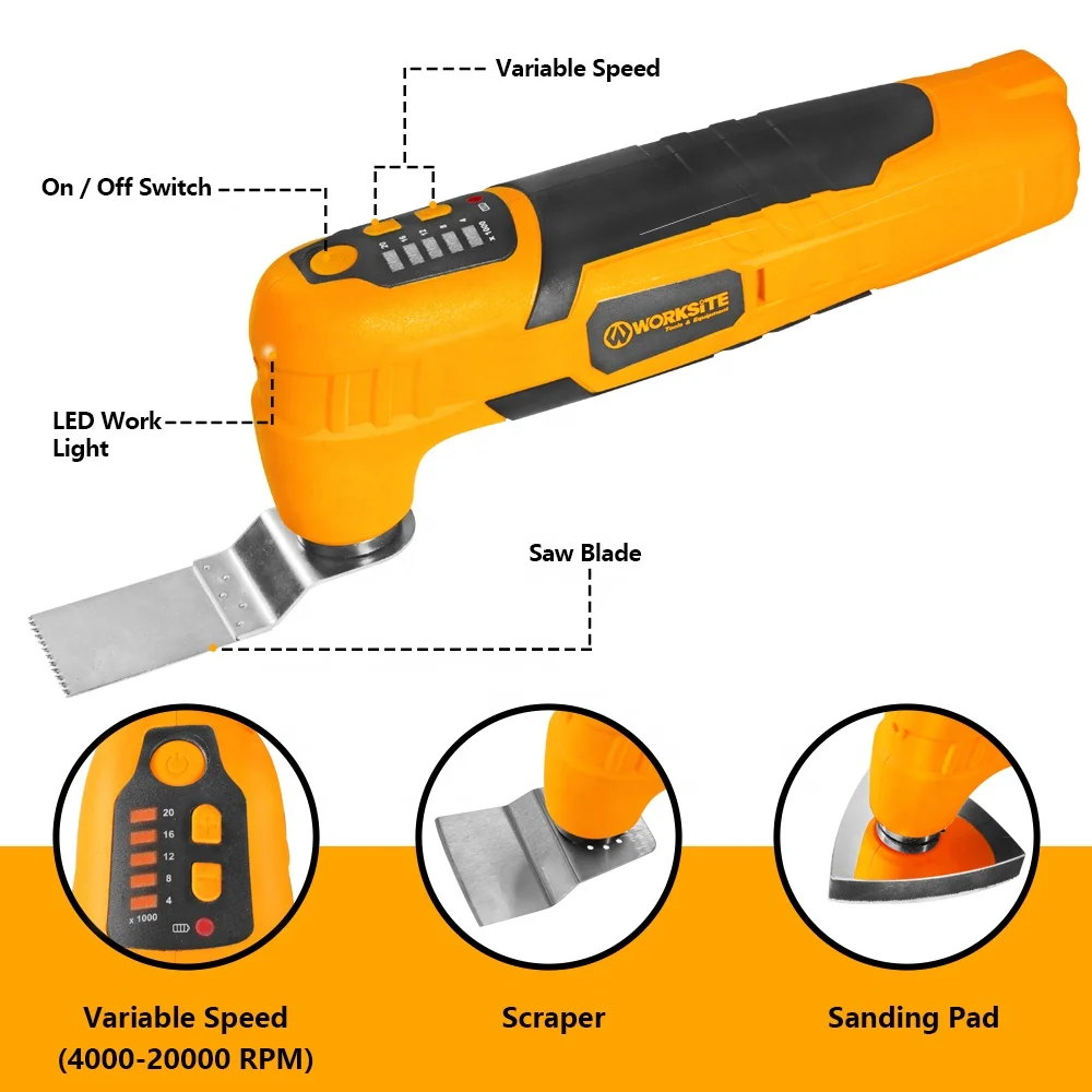 WORKSITE Customized 8V Oscillating Tool Variable Speed Cutting Drilling Sanding Cordless Oscillating Tools