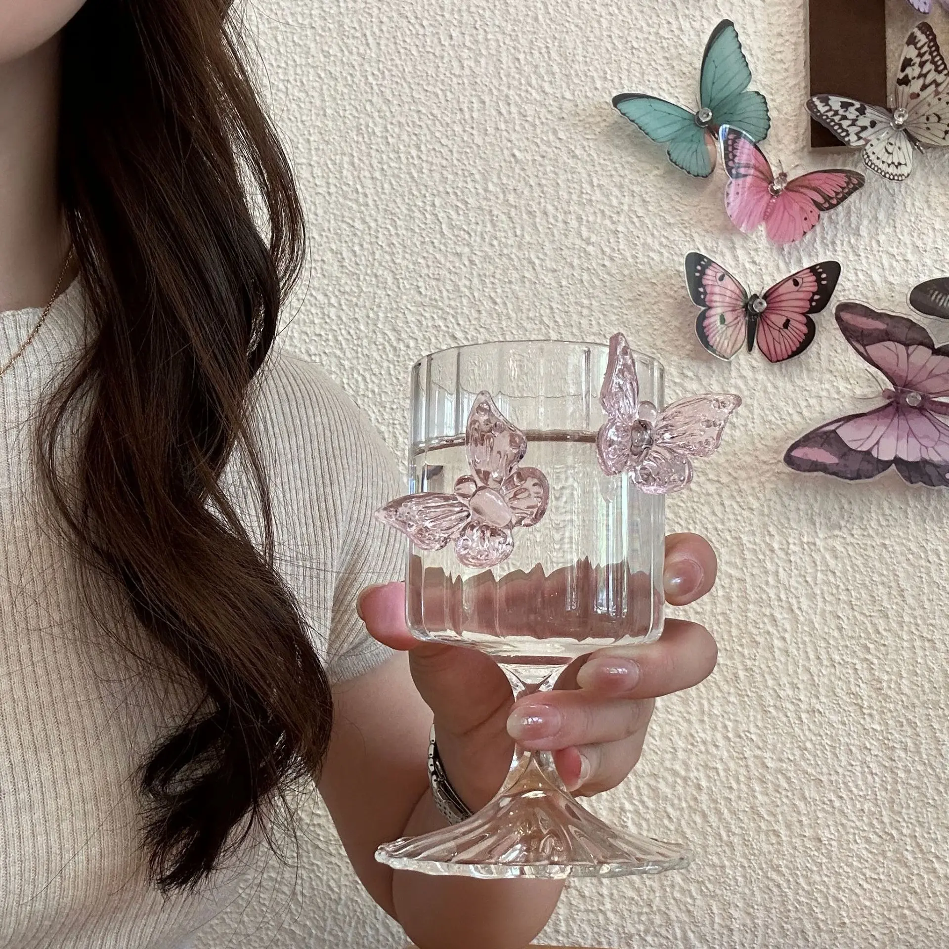 Lelyi Factory direct sales original designer butterfly tall cup ins glass butterfly wine glass cup