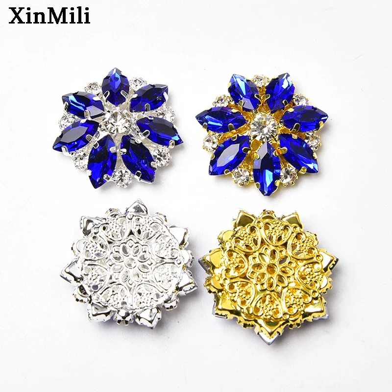 28mm Silver Gold Metal Inlaid Rhinestone Flower Button Flat Back Crystal Trim Buckle for Clothing Shoes Hair Accessories