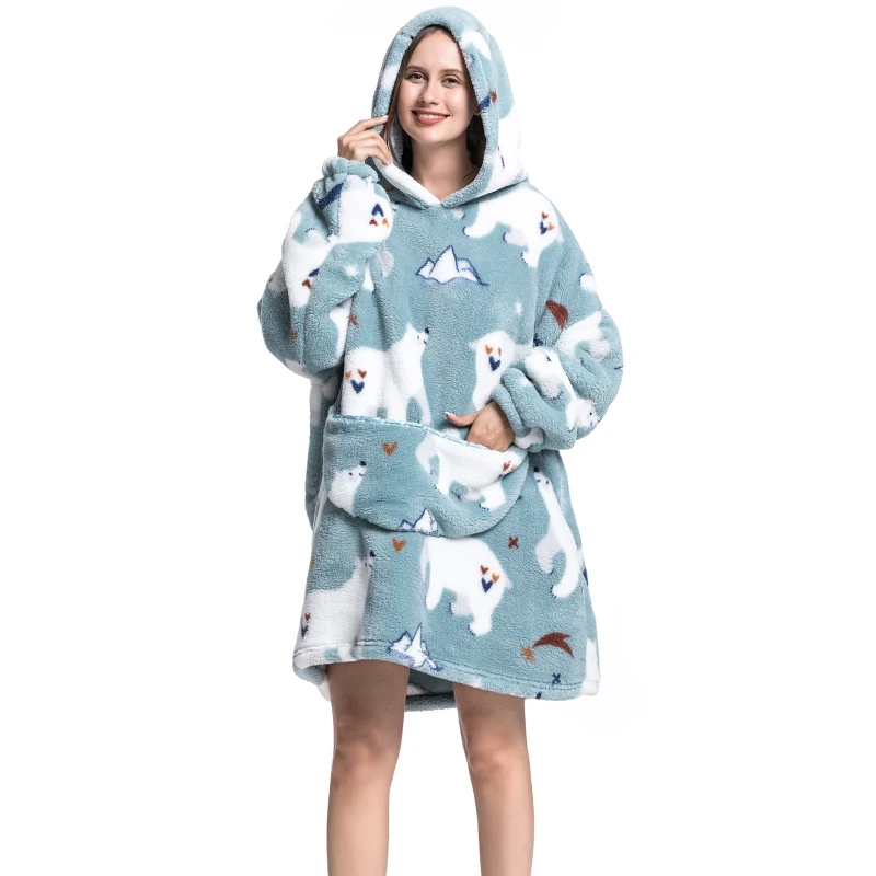 Wholesale printing large warm pullover tv blanket hooded wearable hoodie blanket