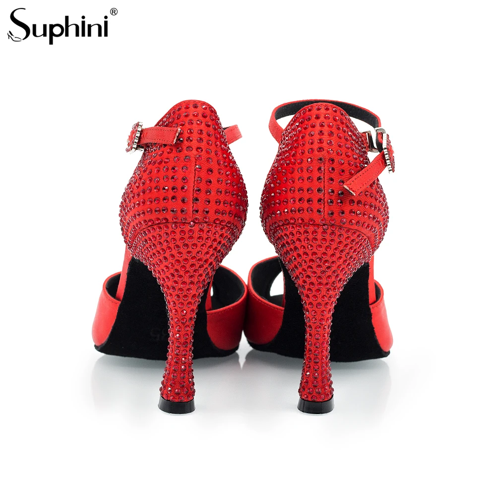 Suphini Свадебные Роскошные танцевальные туфли на каблуках для вечеринки женские красные кристаллы/атласные сальсы