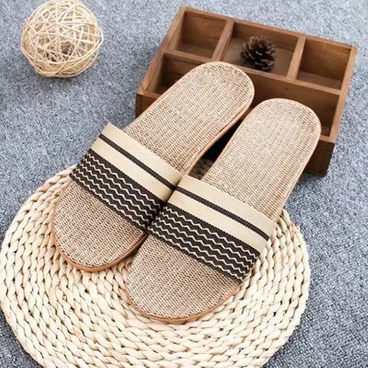Adult breathable hotel slide sandal personalized flax slipper flat linen slippers