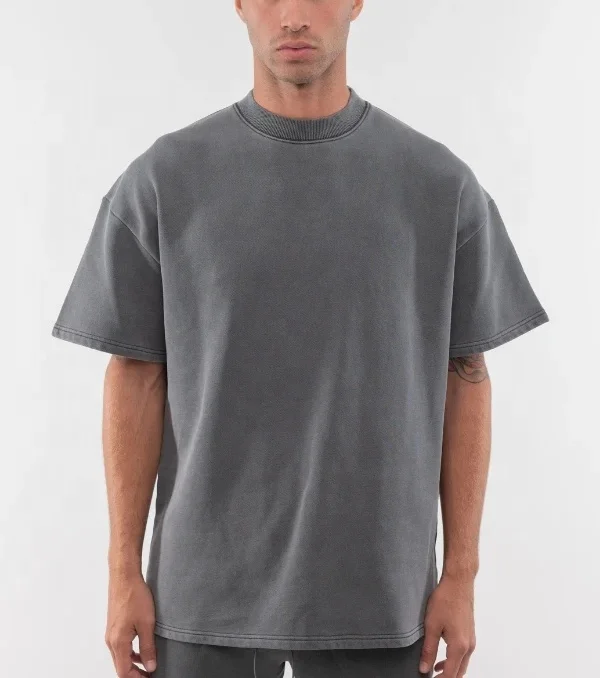 High Quality plain cropped Custom 100% Cotton drop shoulder t-shirts for men Blank Mock Neck Heavyweight Oversized boxy t shirt
