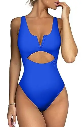 2024 new one-piece plain color splicing sexy V-neck one-piece swimsuit hollow bikini