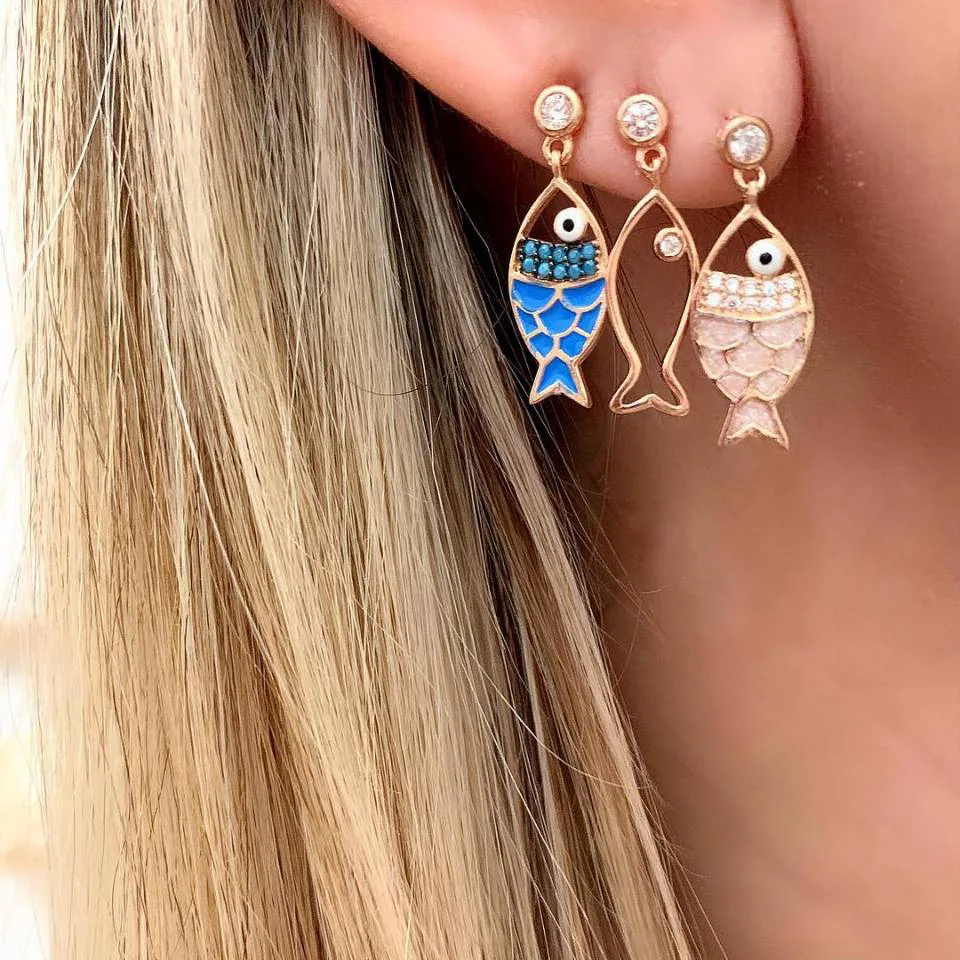 Trendy Fruit Stud Earrings with Cubic Zirconia Bohemian Enamel Fish Earring Set for Women Gift Jewelry