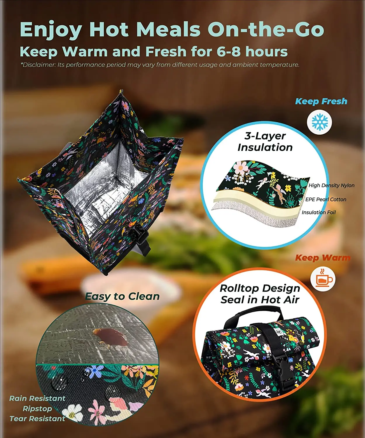 Multiple custom fashion Insulated Rolltop Lunch bag with high capacity handle carry bag