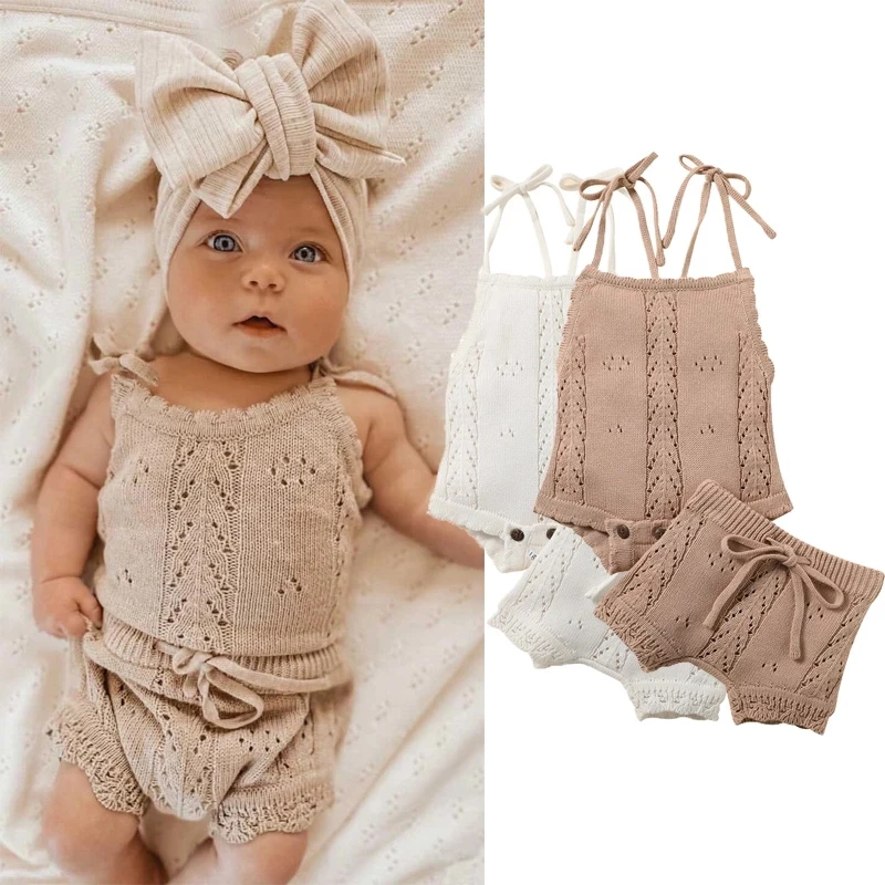 Newborn Baby Girl Clothes Set Solid Lace Ruffles Sleeve Backless Tops toddler Shorts Outfits set baby clothes set 100% cotton