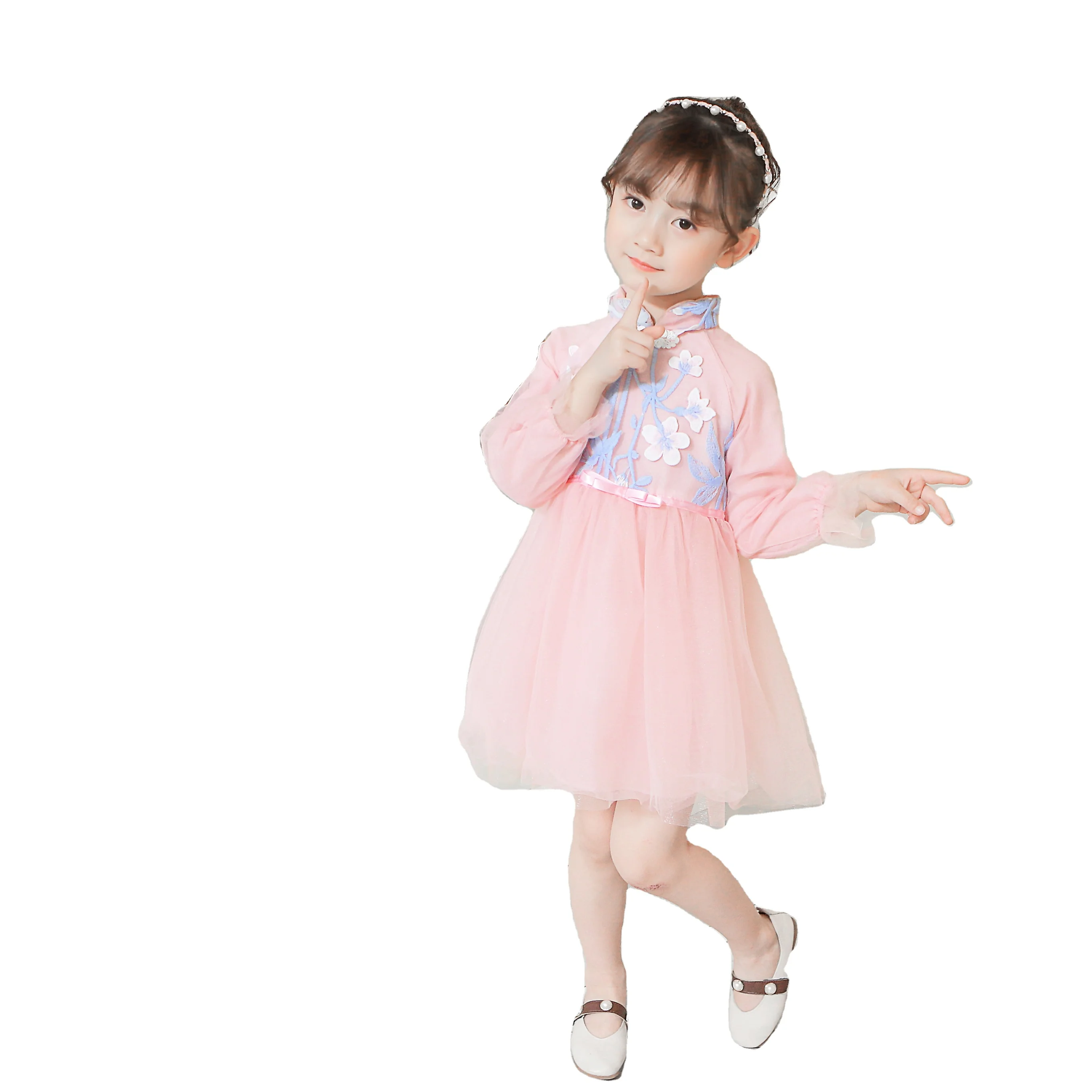 wholesale price Chinese style long sleeve pink flower girl vintage dresses