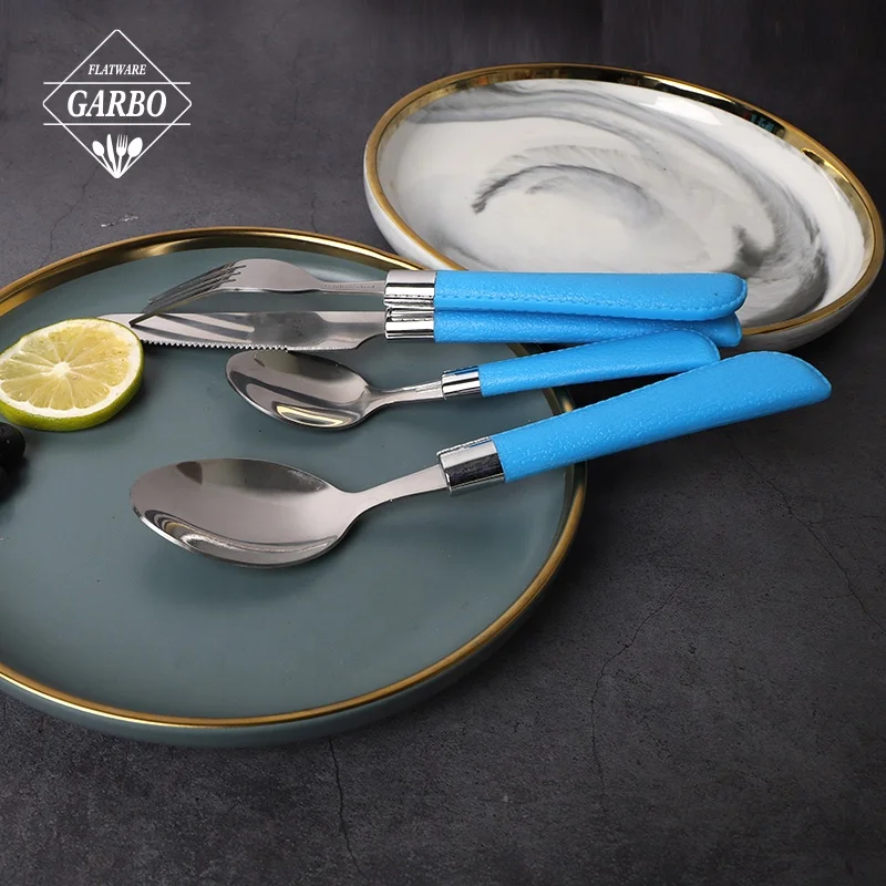 Shiny Mirror Flatware Set Blue Plastic Handle Dinner Knife Stainless Steel Silverware Set Hot Selling Modern Dinner Knife Set