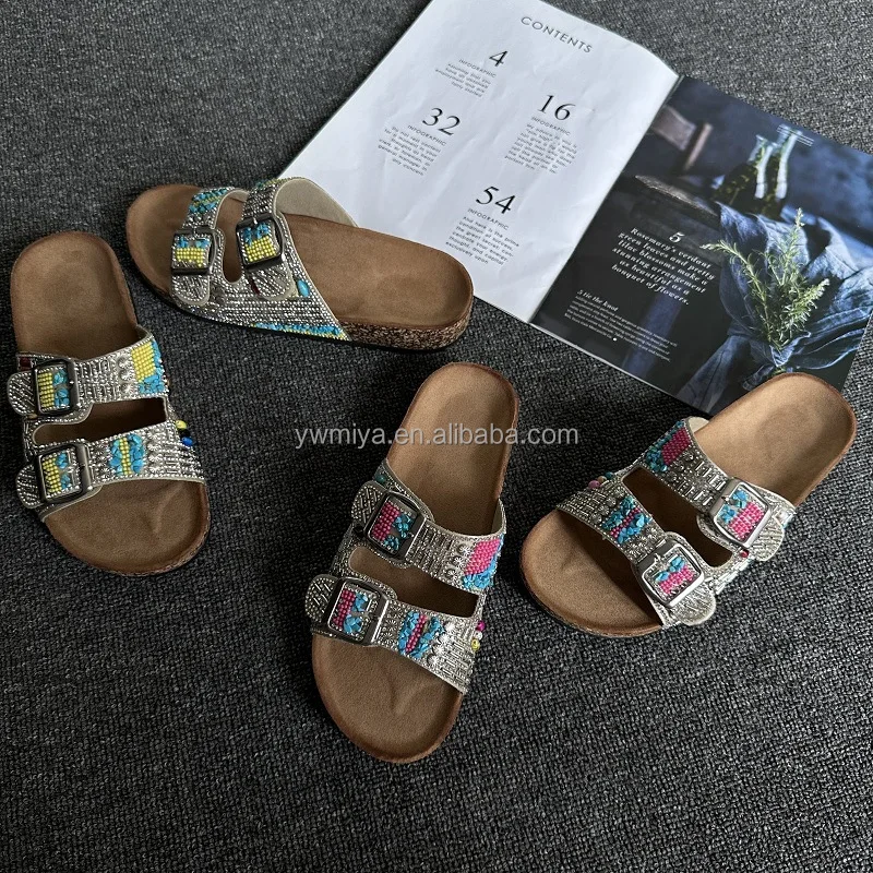 2024 OEM Customized logo Bohemia Cork Sandals Beaded Double Cross Strap Buckle Open Toe Flat Beach Sandals Slipper Ladies