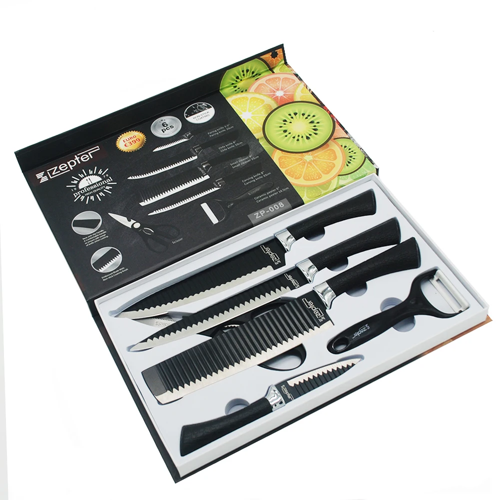 Amazon Hot sale Professional 6pcs kitchen knife set stainless steel black coating blade with non-stick and PP