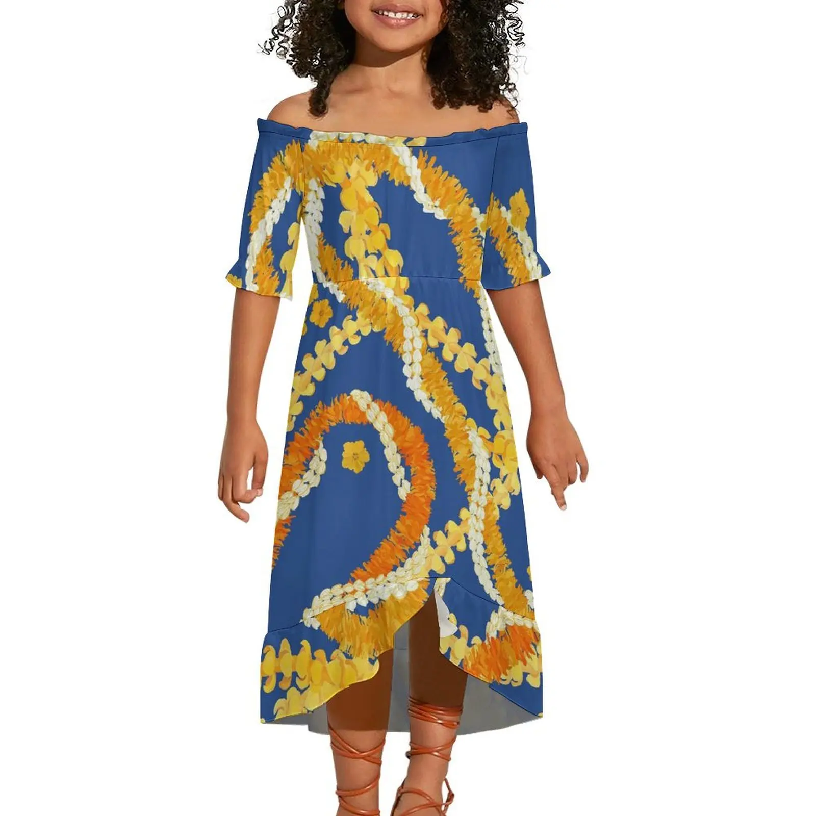 2024 Hot Selling Hawaiian Tropical style Design Custom Fashion Beach Evening Party Girl Short-Sleeved Off-The-Shoulder Dress