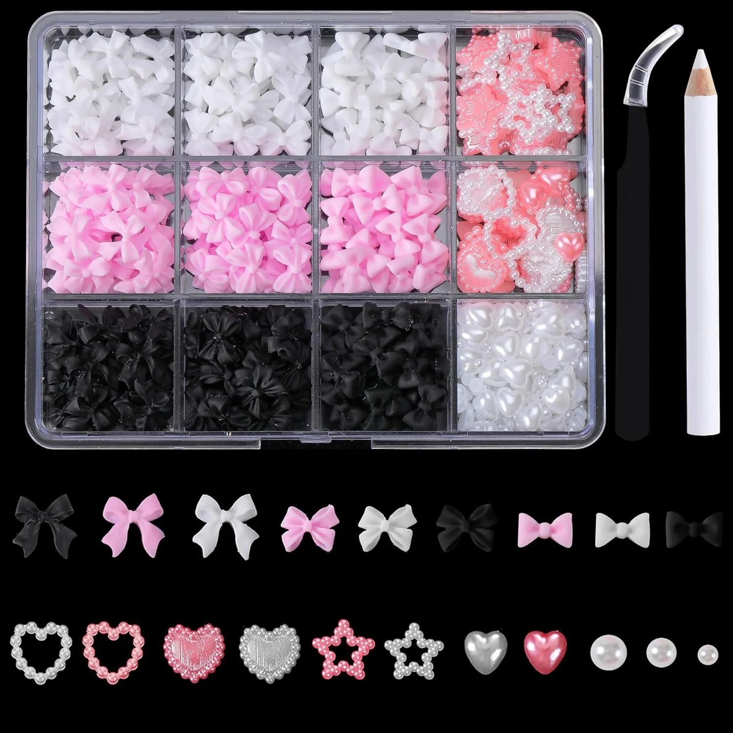 12-Grid Ribbon Bow Tie Christmas White and Red Resin Bow Nail Art Accessories Mixed Set DIY