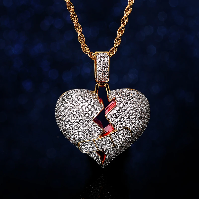 Gold Broken Heart Pendant Chain Hip Hop Iced Out Crystal Couple Jewelry Gift Break Broke Broken Heart Necklace for Couples