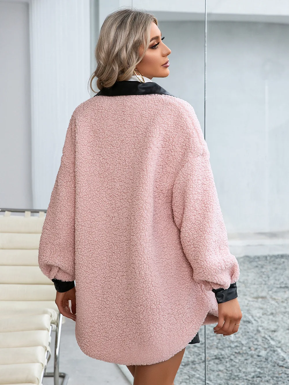 Winter Long Ladies Sherpa Leather Collar Coat Fleece Fuzzy Faux Shearling Button Outwear Windbreaker Trench Coat