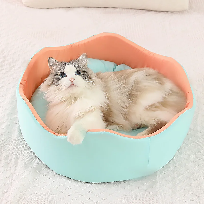 Dog Cool Pet Soft Cute Cat Bed Nest Sponge Removable Pet Supplies Deep Sleep Ice Silk Flower Floral Shape Dog Round Pet Bed Cat