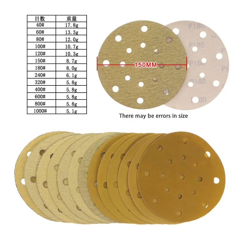 High Quality Yellow 6Inch 17Holes Sandpaper RMC AP33M Sand paper 150MM Abrasive Disc Gold Sanding Paper
