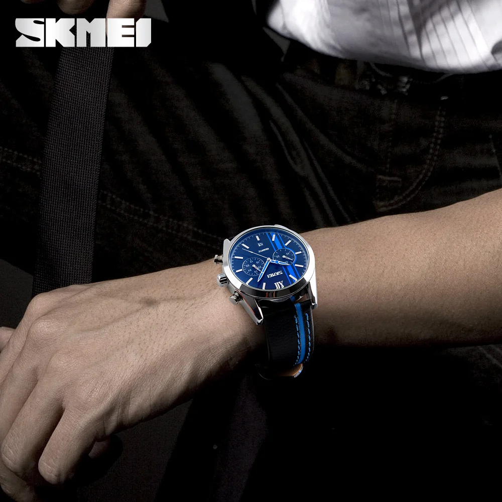 Лидер продаж, наручные часы SKMEI 9148, водонепроницаемые деловые кварцевые часы с ремешком из натуральной кожи для мужчин, 3 АТМ