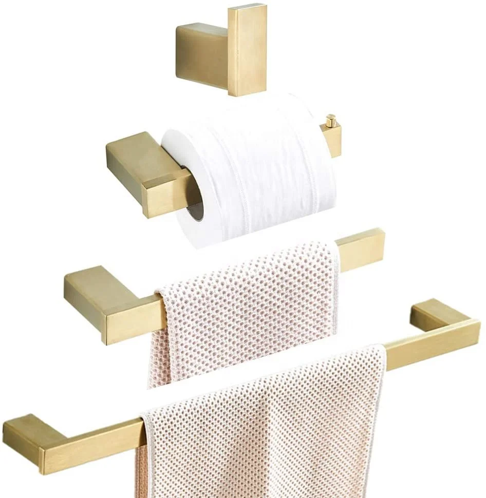 Wall mounted 4 pieces black bathroom hardware accessories towel bar rack stainless steel set gold