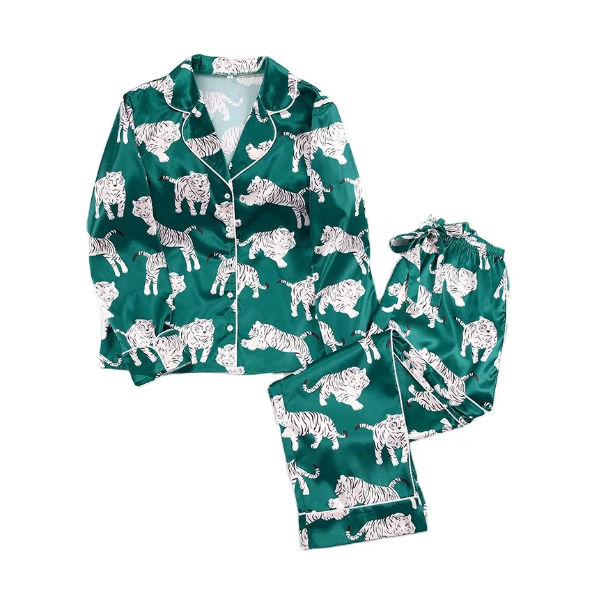 Luxury Femme Women Sleepwear Pyjama 2 Pieces Animal Tiger Print Silk Satin Pajamas Set