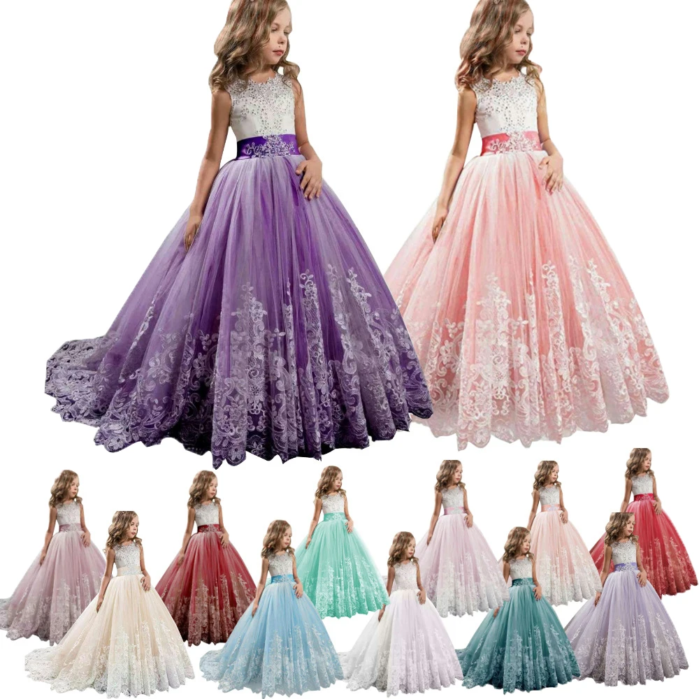 Fashion summer wholesale elegant white sleeveless bow kids children long prom gown party wedding teen girls evening dress