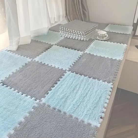 Hot Sale Blue Shaggy Plush Foam Puzzle Rug Carpet Long Pile for Kids Washable and for Home Use