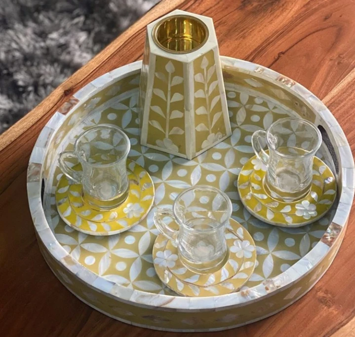 
BULLISH EXPORTS handmade indian design mother of pearls trays sets mother of pearls burner in floral design 