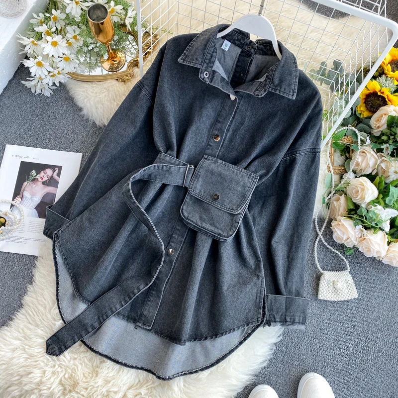 2022 Hot Sale Women Lapel Long Sleeve Denim Blouse Dress Fashion Cozy Denim Shirt Cotton Blouse Tops Fashion Denim Jacket