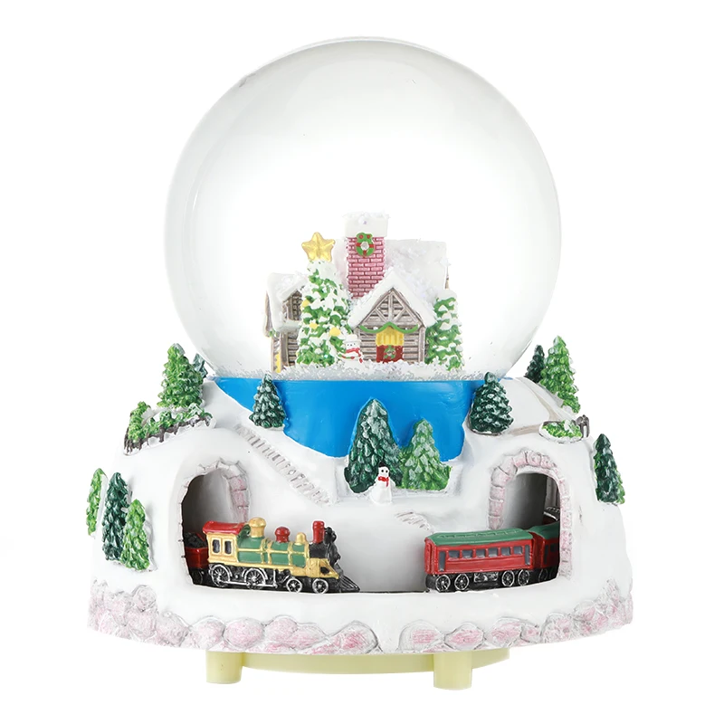 Custom Rotating Train Snow Globe Resin Water Globe Glass Blowing Snow Rotating Train Peripheral Base Christmas Music Snow Globe