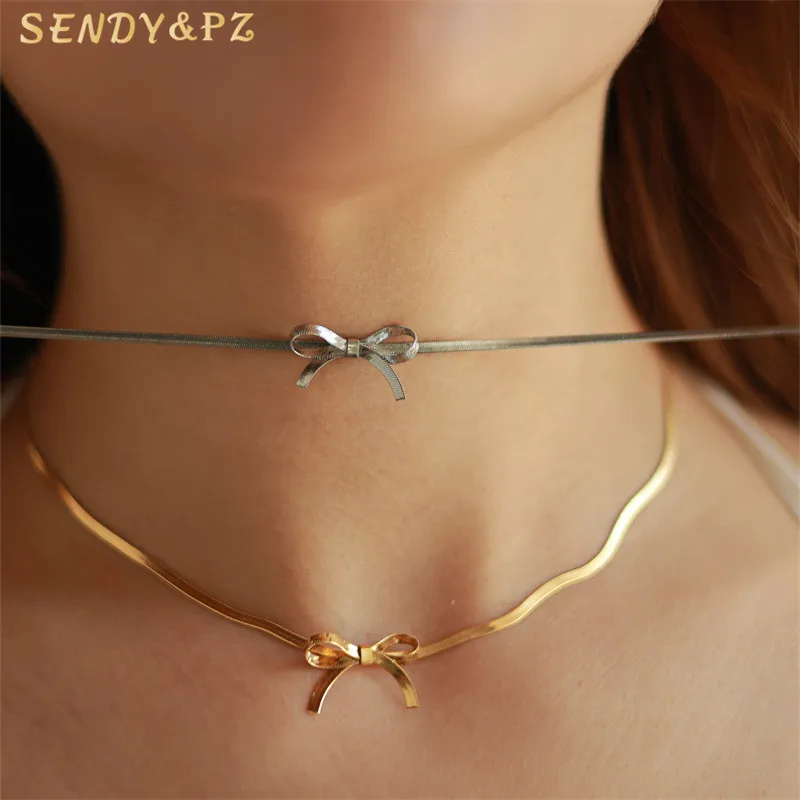 New Style Titanium Steel Bow Snake Necklace Chain Bracelet Ring Earring Jewelry Set For Women